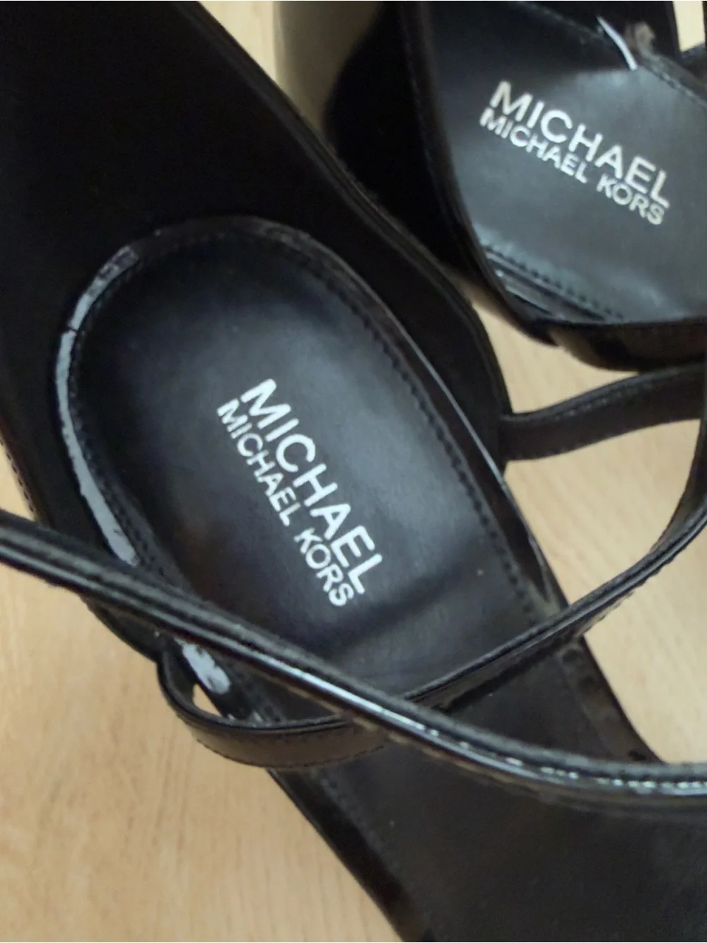 MICHAEL Michael Kors Ava Mid Patent Leather Strappy Sandal Black Size 10